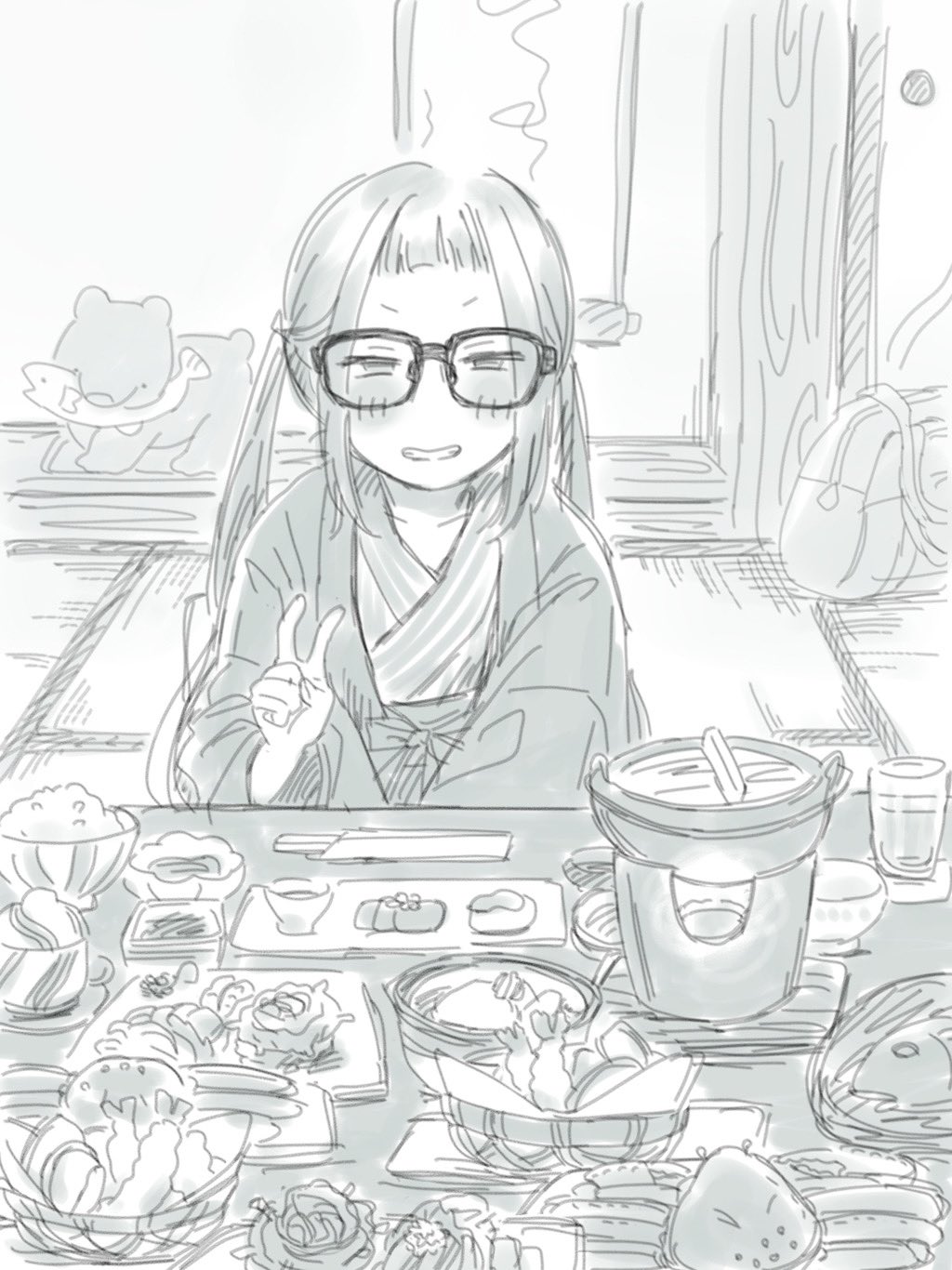 1girl crab food glasses greyscale grin highres indoors japanese_clothes kimono looking_at_viewer marrontorisu monochrome oogaki_chiaki rice smile twintails v yukata yurucamp