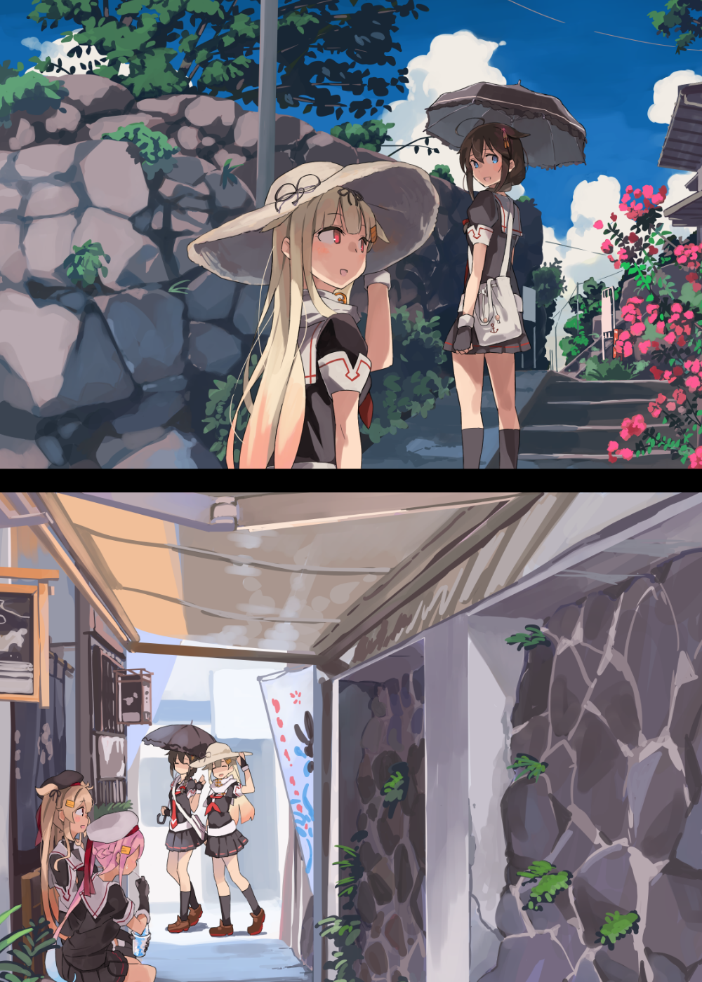 2girls 4girls ^_^ bangs black_headwear black_serafuku black_shirt black_skirt black_socks black_umbrella blonde_hair blue_eyes blue_sky braid brown_footwear brown_hair closed_eyes clouds collared_shirt day harusame_(kancolle) hat highres holding holding_umbrella kantai_collection kneehighs loafers long_hair looking_back miniskirt multiple_girls murasame_(kancolle) open_mouth outdoors pink_hair pleated_skirt red_eyes sailor_collar sailor_shirt salute school_uniform serafuku shigure_(kancolle) shirt shoes sitting skirt sky socks split_screen stairs sugue_tettou sun_hat twintails umbrella very_long_hair white_headwear white_sailor_collar yuudachi_(kancolle)