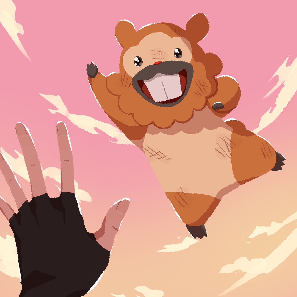 1other arm_up bidoof black_eyes black_gloves canty! clouds commentary_request fingerless_gloves gloves highres outdoors pokemon pokemon_(creature) scratches sky