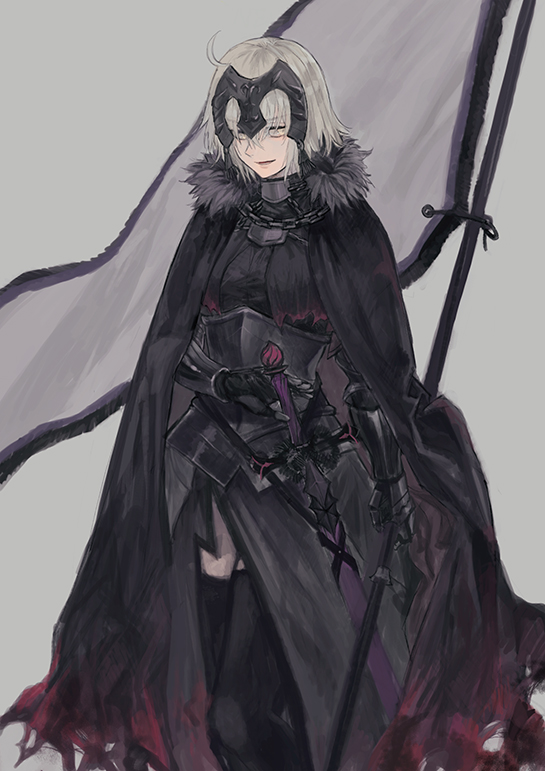 1girl armor armored_dress black_cape black_dress black_gloves black_thighhighs breasts cape cat_tail dress fate/grand_order fate_(series) fur-trimmed_cape fur_trim gloves grey_background grey_hair heart jeanne_d'arc_alter_(fate) lsunl medium_hair polearm solo standard_bearer sword tail thigh-highs thighs weapon yellow_eyes
