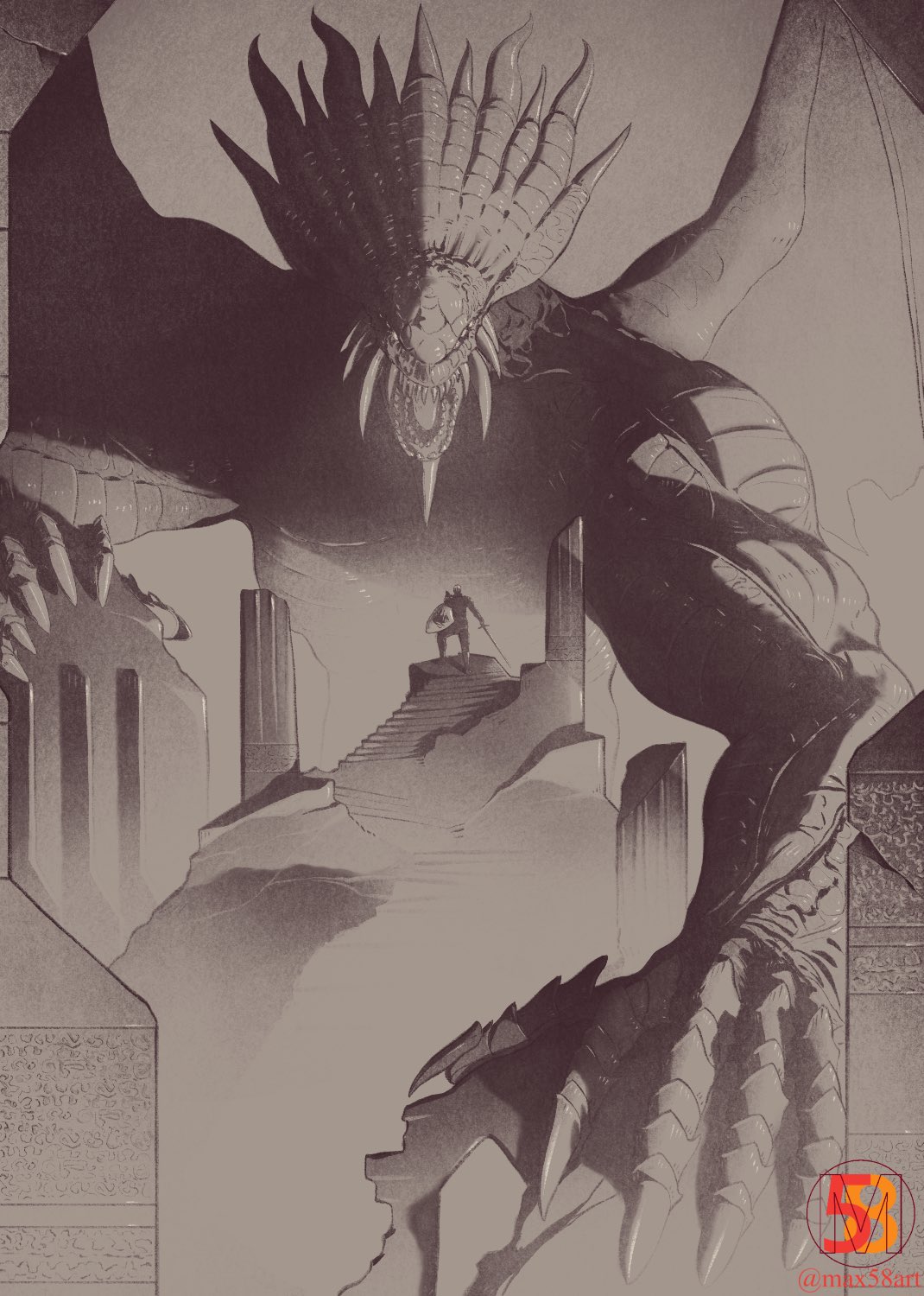 1other brown_theme demon's_souls dragon_god_(demon's_souls) giant giant_monster highres holding holding_shield holding_sword holding_weapon max58art monochrome monster ruins shield slayer_of_demons stairs sword weapon