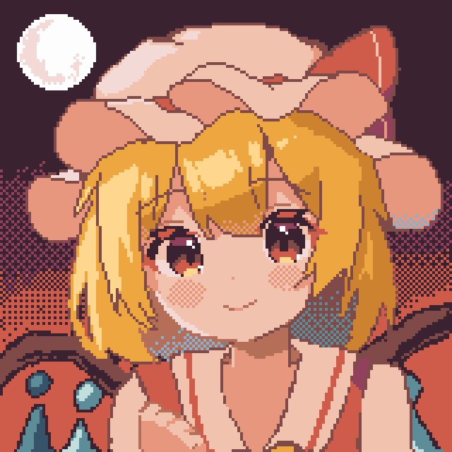 1girl bangs blonde_hair closed_mouth collarbone crystal flandre_scarlet full_moon hat hat_ribbon mob_cap moon nene_man pixel_art red_eyes red_ribbon ribbon short_hair smile solo touhou upper_body white_headwear wings