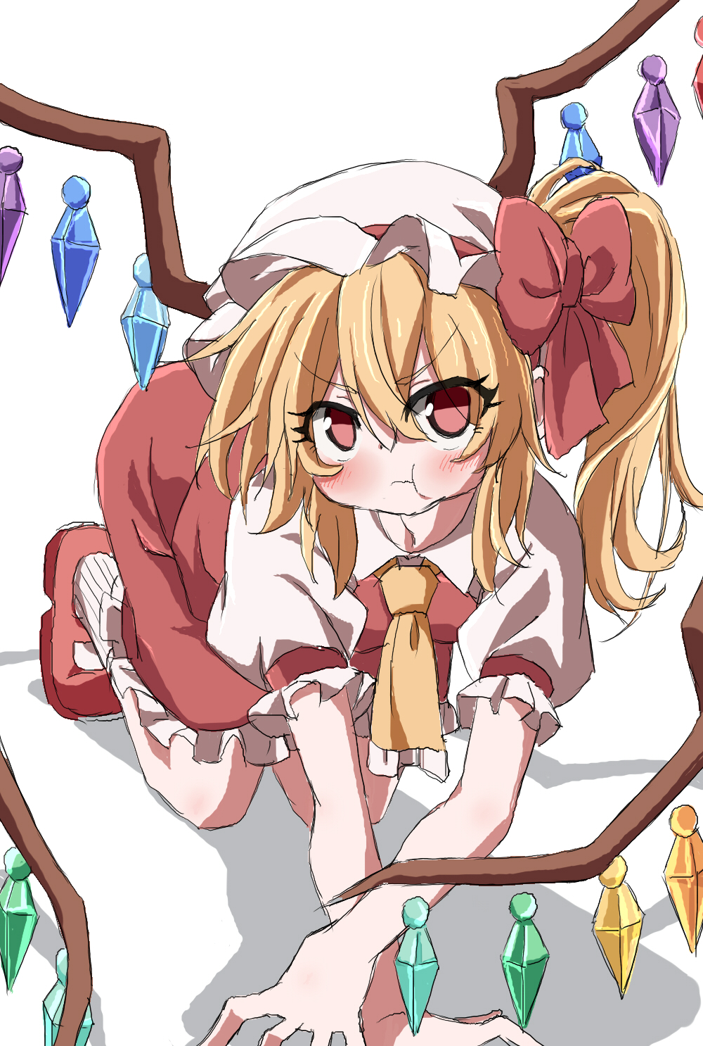 1girl all_fours ascot blush collared_shirt flandre_scarlet frilled_ascot frilled_skirt frilled_sleeves frills full_body hair_between_eyes hat hat_ribbon highres kororopon looking_at_viewer mary_janes mob_cap multicolored_wings pout puffy_short_sleeves puffy_sleeves red_eyes red_footwear red_ribbon red_skirt red_vest ribbon shadow shirt shoes short_sleeves simple_background skirt skirt_set socks solo touhou v-shaped_eyebrows vest white_background white_headwear white_shirt white_socks wings yellow_ascot