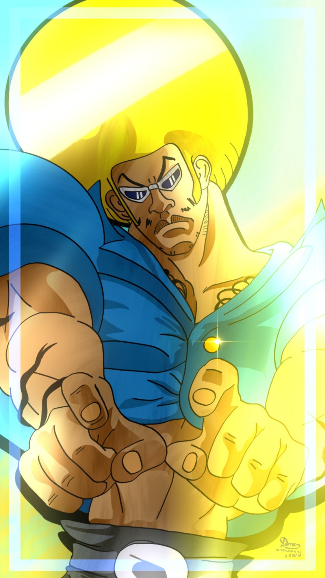 1boy afro blonde_hair blue_coat bobobo-bo_bo-bobo bobobo-bo_bo-bobo_(character) coat highres looking_at_viewer male_focus muscular muscular_male r-remm serious solo sunglasses