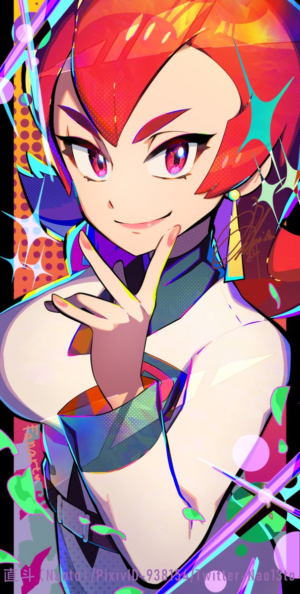 1girl ariana_(pokemon) closed_mouth commentary_request earrings eyelashes hand_up highres jacket jewelry logo long_hair long_sleeves looking_at_viewer naoto_(yandereheaven) pink_nails pixiv_id pokemon pokemon_(game) pokemon_hgss red_eyes redhead signature smile solo sparkle team_rocket team_rocket_uniform white_jacket