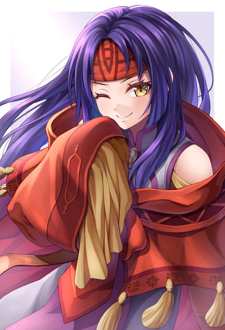 1girl bare_shoulders dress fire_emblem fire_emblem:_radiant_dawn headband long_hair looking_at_viewer one_eye_closed oversized_clothes purple_hair red_headband sanaki_kirsch_altina simple_background smile solo ten_(tenchan_man) upper_body wide_sleeves yellow_eyes