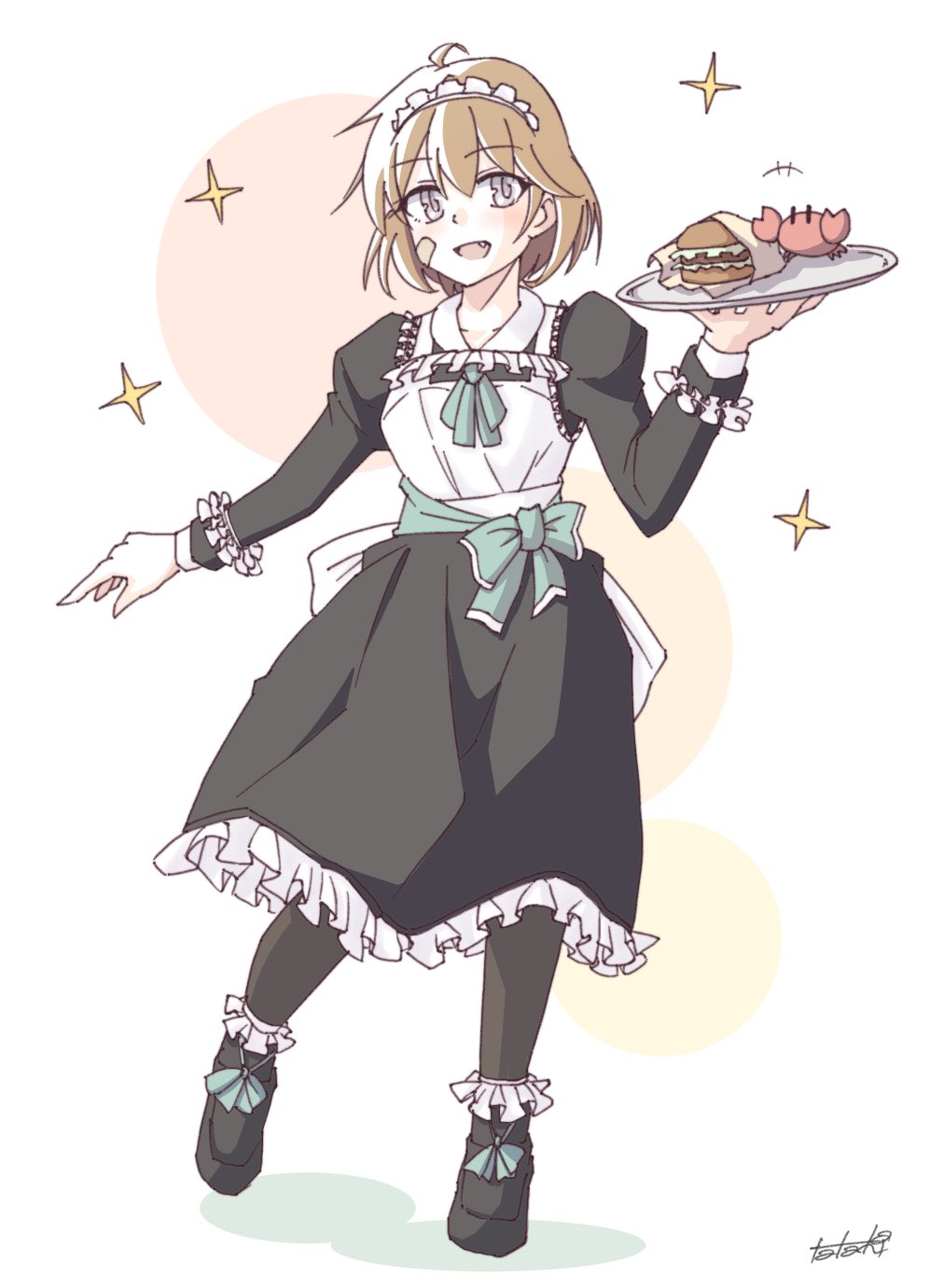 1girl ahoge alternate_costume bandaid bandaid_on_face black_dress brown_eyes brown_hair burger colorized commentary_request crab dress fang food frilled_dress frills hairband highres holding holding_tray kantai_collection lineart monochrome oboro_(kancolle) short_hair sparkle tatahai tray waitress