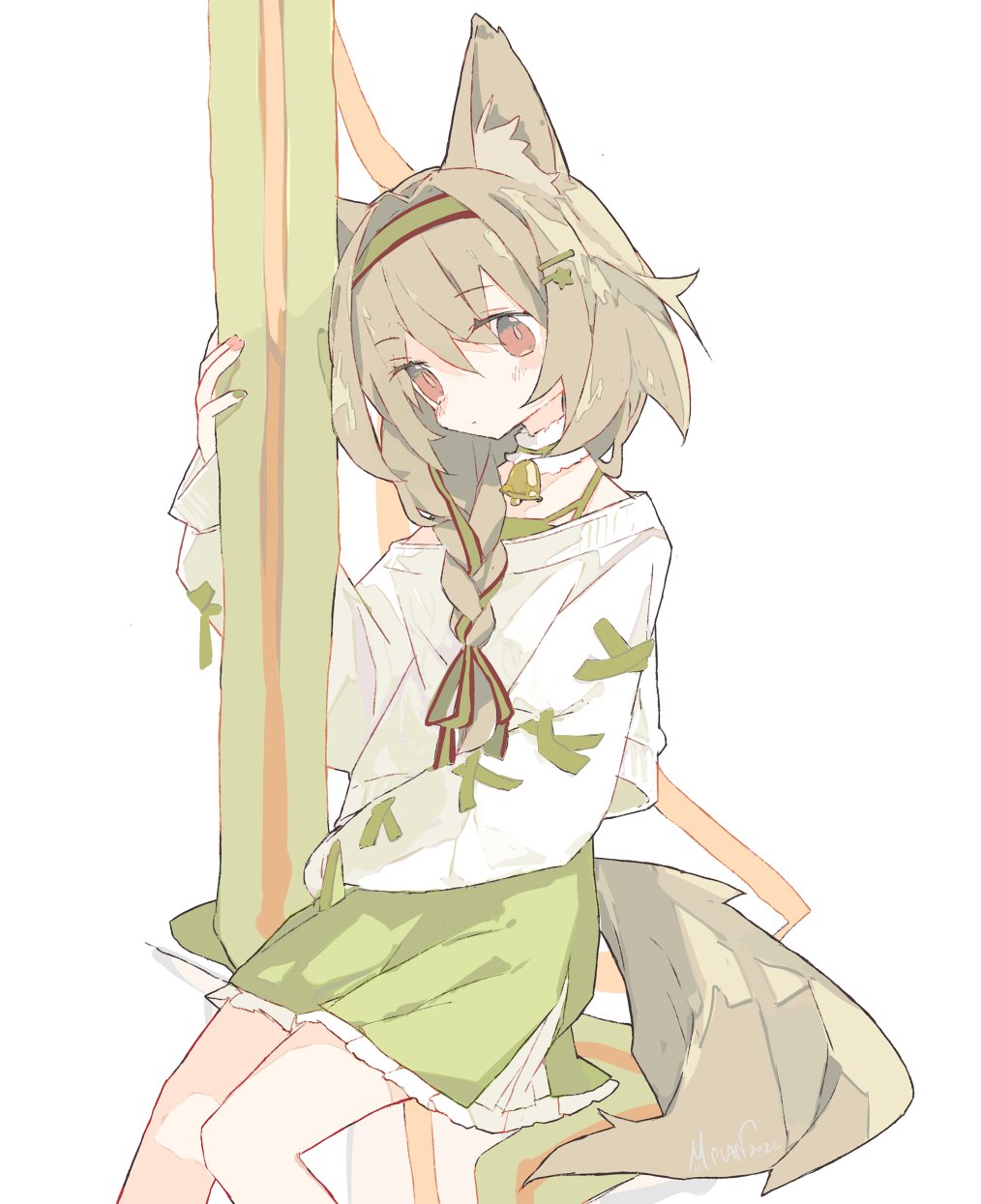 1girl animal_ears arknights artist_name bangs beanstalk_(arknights) beanstalk_(gift_uncompleted)_(arknights) bell blush braid brown_eyes choker commentary cross-laced_sleeves dot_mouth dress english_commentary fingernails frilled_choker frilled_dress frills green_dress green_nails hair_between_eyes hair_ornament hair_ribbon hairband hairclip head_tilt highres holding light_brown_hair long_hair long_sleeves looking_at_viewer melanbread multicolored_nails nail_polish neck_bell no_nose off-shoulder_sweater off_shoulder official_alternate_costume oversized_clothes pink_nails ribbon signature simple_background single_braid sitting solo striped striped_ribbon sweater tail white_background white_sweater