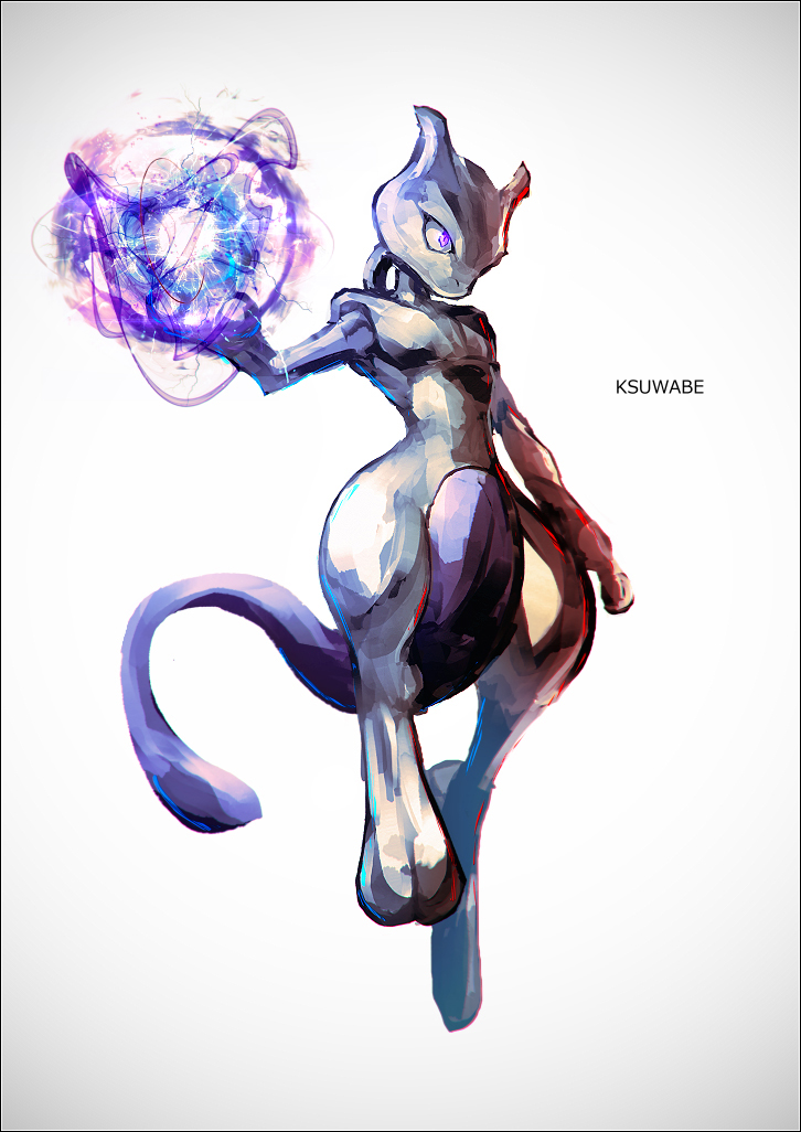 artist_name full_body greyscale hand_up k-suwabe magic mewtwo monochrome no_humans pink_eyes pokemon pokemon_(creature) pokemon_(game) pokemon_swsh simple_background tail