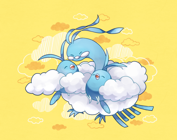 altaria animal_focus antennae bird blackspade closed_eyes commentary_request evolutionary_line fluffy no_humans open_mouth pokemon pokemon_(creature) swablu yellow_background