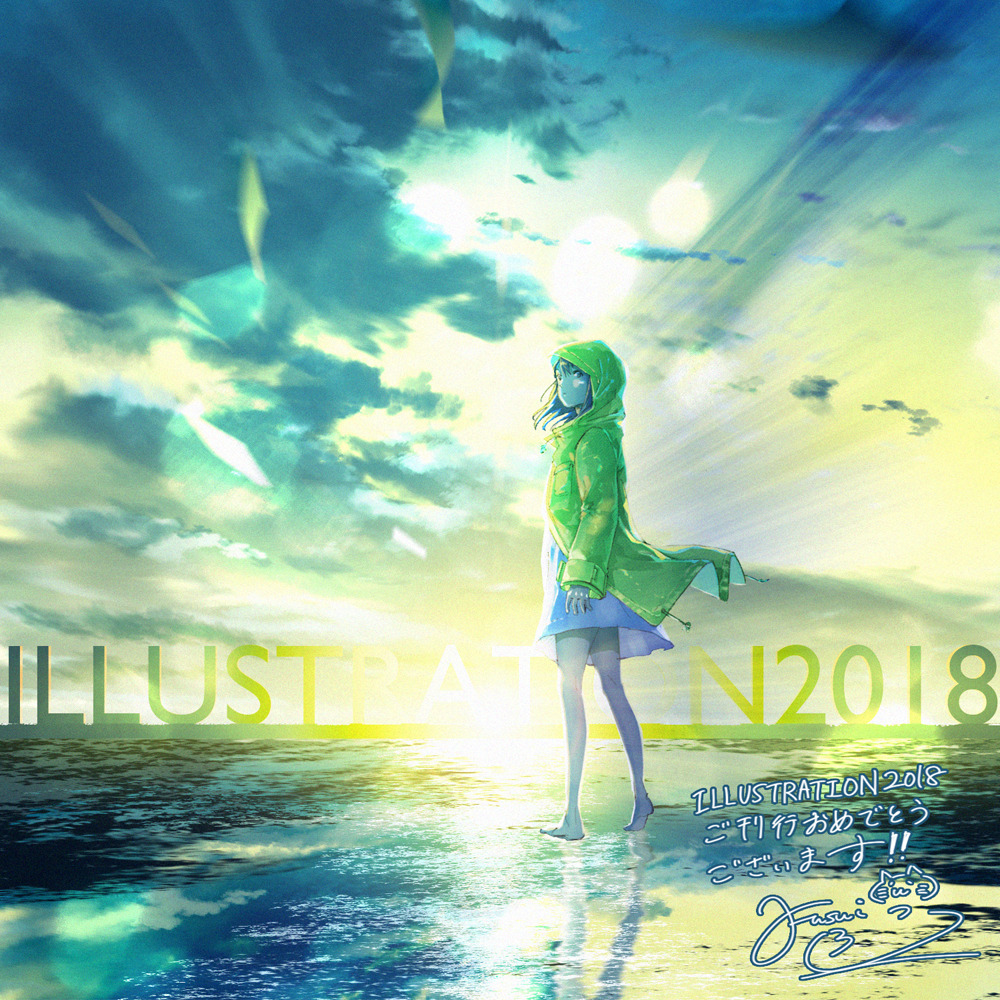 1girl 2018 bare_legs barefoot clouds cloudy_sky dress fusui hood hood_up horizon illustration.media jacket long_hair long_sleeves looking_at_viewer original reflection sky solo standing water white_dress wide_shot yellow_jacket