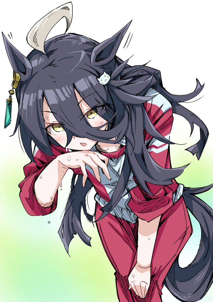 1girl ahoge animal_ears bangs black_hair blonde_hair bow earrings eyebrows_hidden_by_hair gym_uniform hair_between_eyes horse_ears horse_girl horse_tail jewelry looking_at_viewer manhattan_cafe_(umamusume) multicolored_hair nodachi_(artist) open_mouth solo sportswear tail umamusume white_hair wiping_sweat