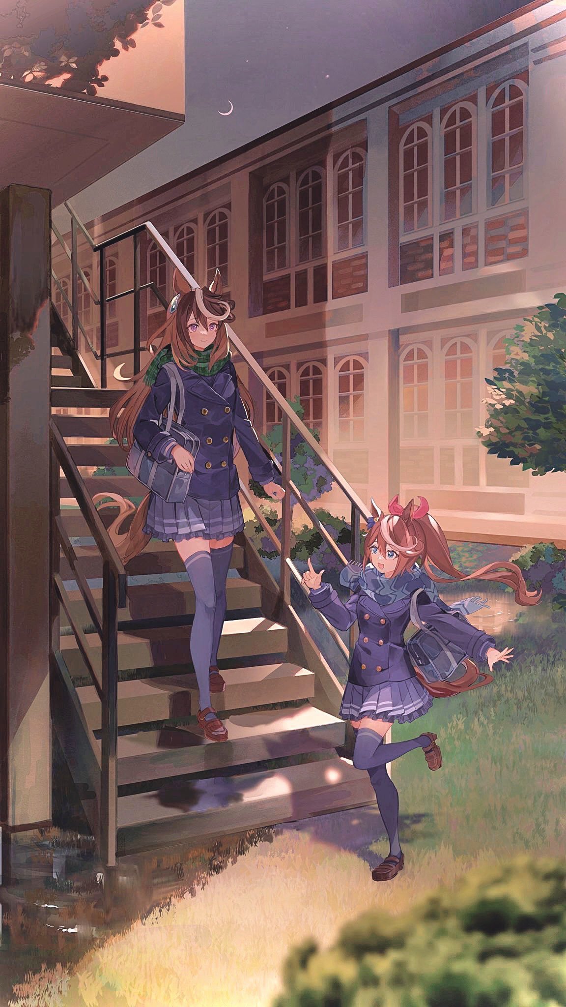 2girls animal_ears bag blue_eyes breasts brown_footwear brown_hair building buttons crescent_moon double-breasted highres horse_ears horse_girl horse_tail jacket long_hair long_sleeves miniskirt moon multicolored_hair multiple_girls night open_mouth outdoors pleated_skirt ponytail purple_jacket purple_skirt purple_thighhighs scarf school_bag shoes skirt small_breasts smile stairs standing standing_on_one_leg streaked_hair symboli_rudolf_(umamusume) tail thigh-highs tokai_teio_(umamusume) tree umamusume yoshida_(ne)