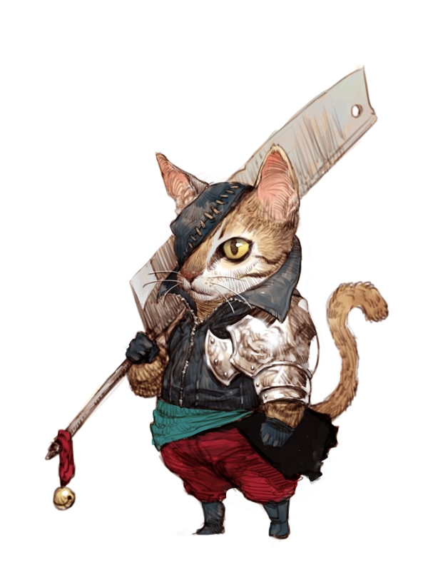 animal animal_focus armor bell black_gloves boots cat cat_tail collared_jacket gloves holding holding_sword holding_weapon no_humans one_eye_covered original pants red_pants shoulder_armor simple_background solo standing sword tahra tail weapon white_background