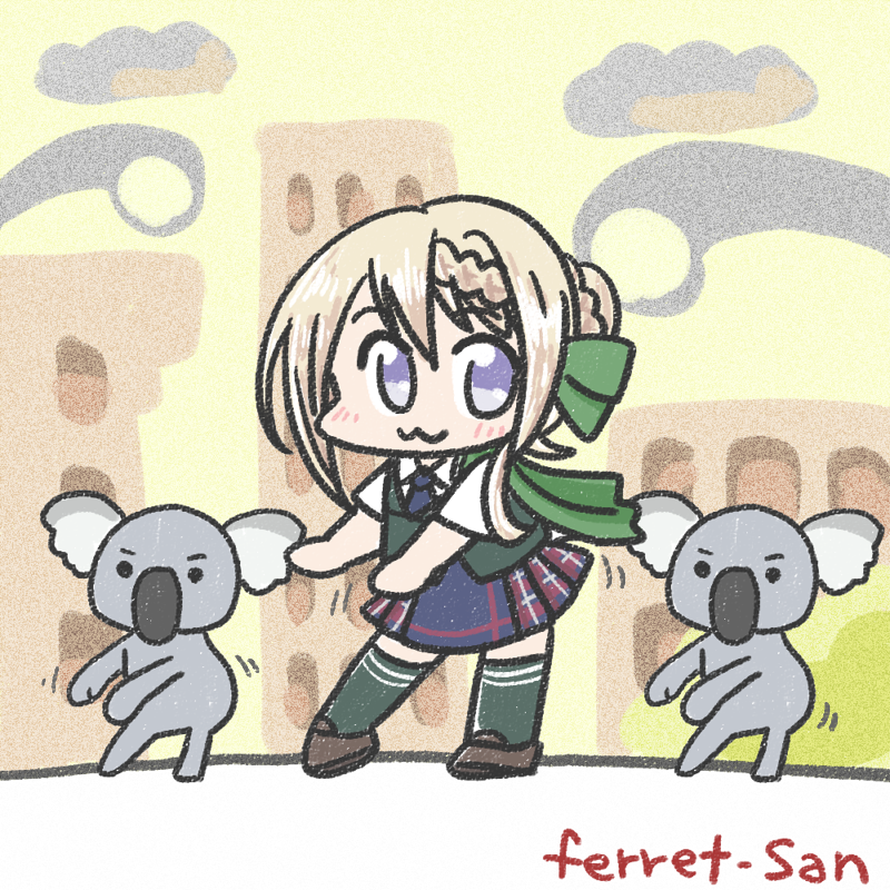 1girl :3 artist_name blonde_hair blue_necktie blue_skirt braid braided_bangs braided_bun brown_footwear building cape commentary_request dancing dress_shirt ferretsan7 green_cape green_thighhighs green_vest hair_bun kantai_collection koala loafers long_hair looking_at_viewer necktie one-hour_drawing_challenge perth_(kancolle) plaid plaid_skirt pleated_skirt school_uniform shirt shoes short_sleeves skirt thigh-highs vest violet_eyes white_shirt