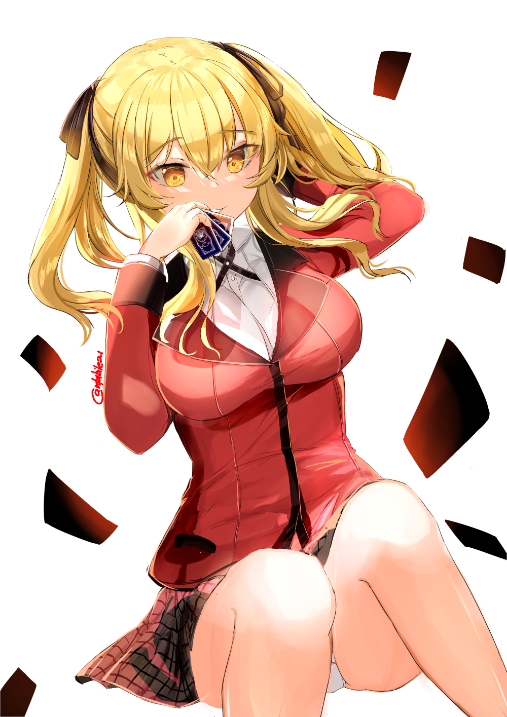 1girl ahoge bangs blonde_hair brown_eyes card collared_shirt curly_hair gradient gradient_background hair_between_eyes hair_ribbon hand_up highres hyakkaou_academy_uniform jacket kakegurui king_of_clubs long_hair looking_at_viewer portrait red_jacket ribbon saotome_mary shirt smile solo straight-on twintails white_shirt