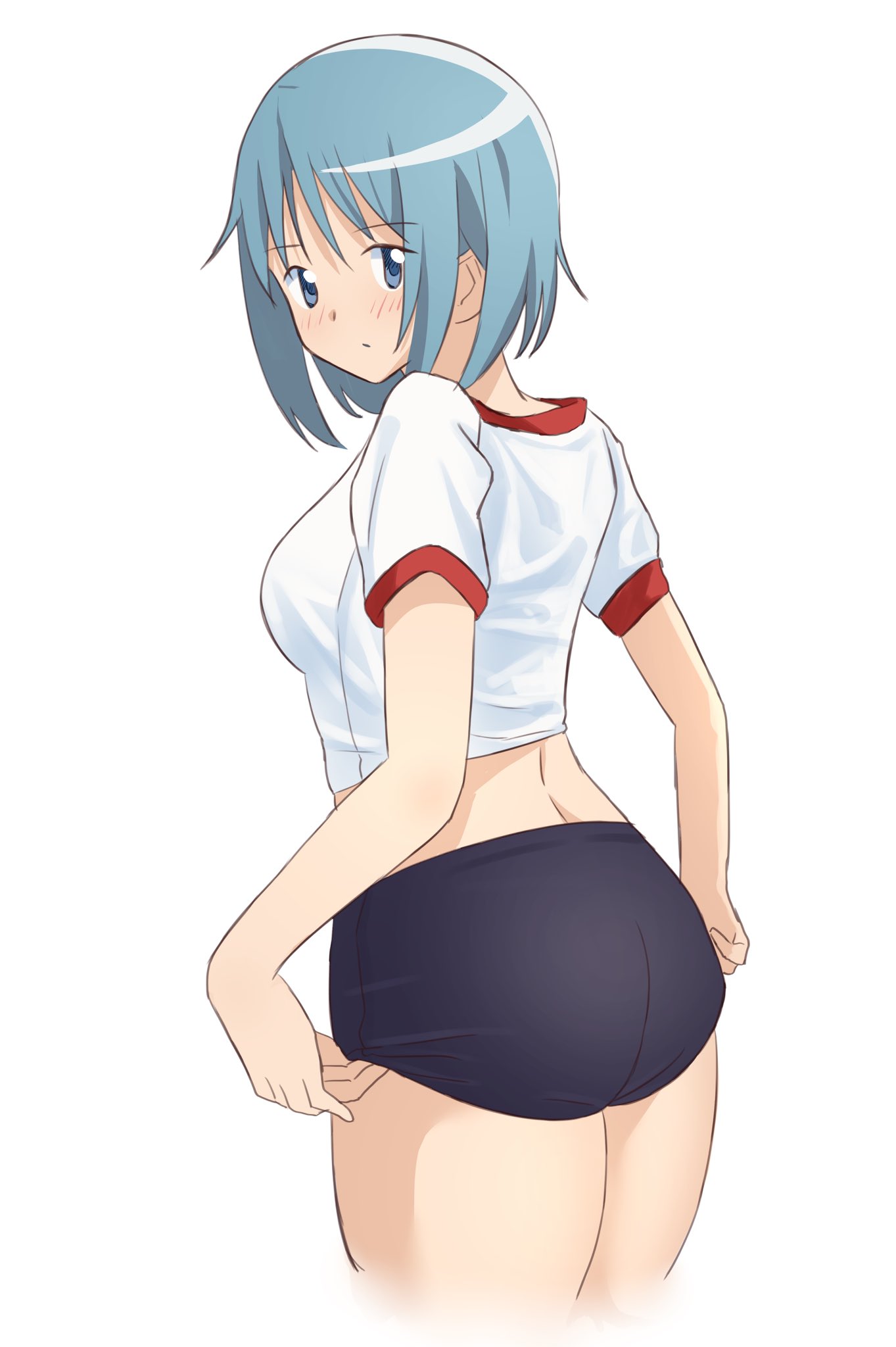 1girl adjusting_buruma adjusting_clothes alternate_costume ass blue_buruma blue_eyes blue_hair blush breasts buruma cropped_legs from_side gym_shirt hateri highres mahou_shoujo_madoka_magica medium_breasts medium_hair midriff miki_saya shirt solo white_background white_shirt