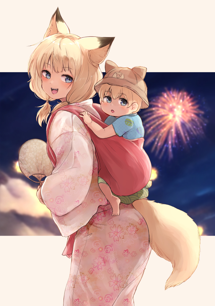 :d :o aerial_fireworks animal_ear_fluff animal_ears animal_hat bangs batta_(kanzume_quality) blonde_hair blue_eyes blue_shirt blurry blurry_background brown_headwear commentary_request depth_of_field fireworks floral_print fox_ears fox_girl fox_tail from_side hair_between_eyes hair_over_shoulder hat jacket long_hair looking_at_viewer looking_to_the_side low_twintails night night_sky original pink_skirt print_skirt sharp_teeth shirt short_sleeves skirt sky smile tail teeth twintails white_jacket