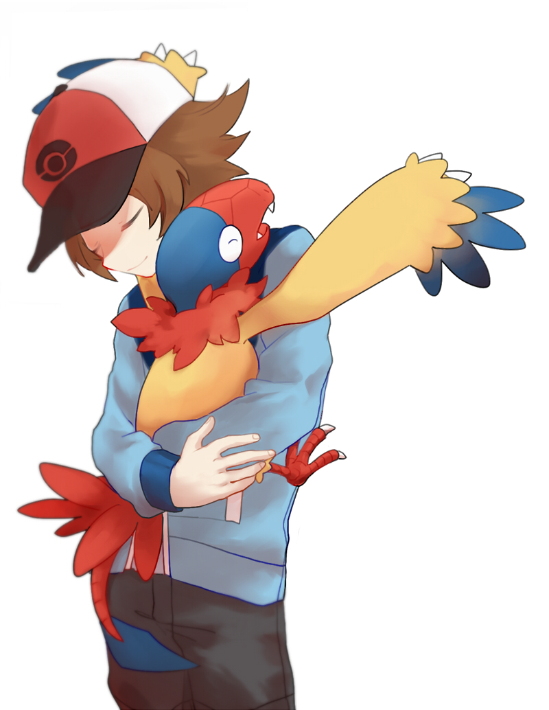 1boy affectionate archen belt_buckle blackspade blue_jacket blurry brown_hair buckle closed_eyes closed_mouth commentary_request grey_pants hat hilbert_(pokemon) holding holding_pokemon jacket long_sleeves male_focus pants pokemon pokemon_(creature) pokemon_(game) pokemon_bw red_headwear short_hair simple_background smile white_background