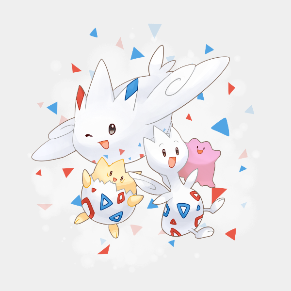 :d ;d blackspade commentary_request ditto evolutionary_line happy no_humans odd_one_out one_eye_closed open_mouth pokemon pokemon_(creature) smile togekiss togepi togetic tongue white_background