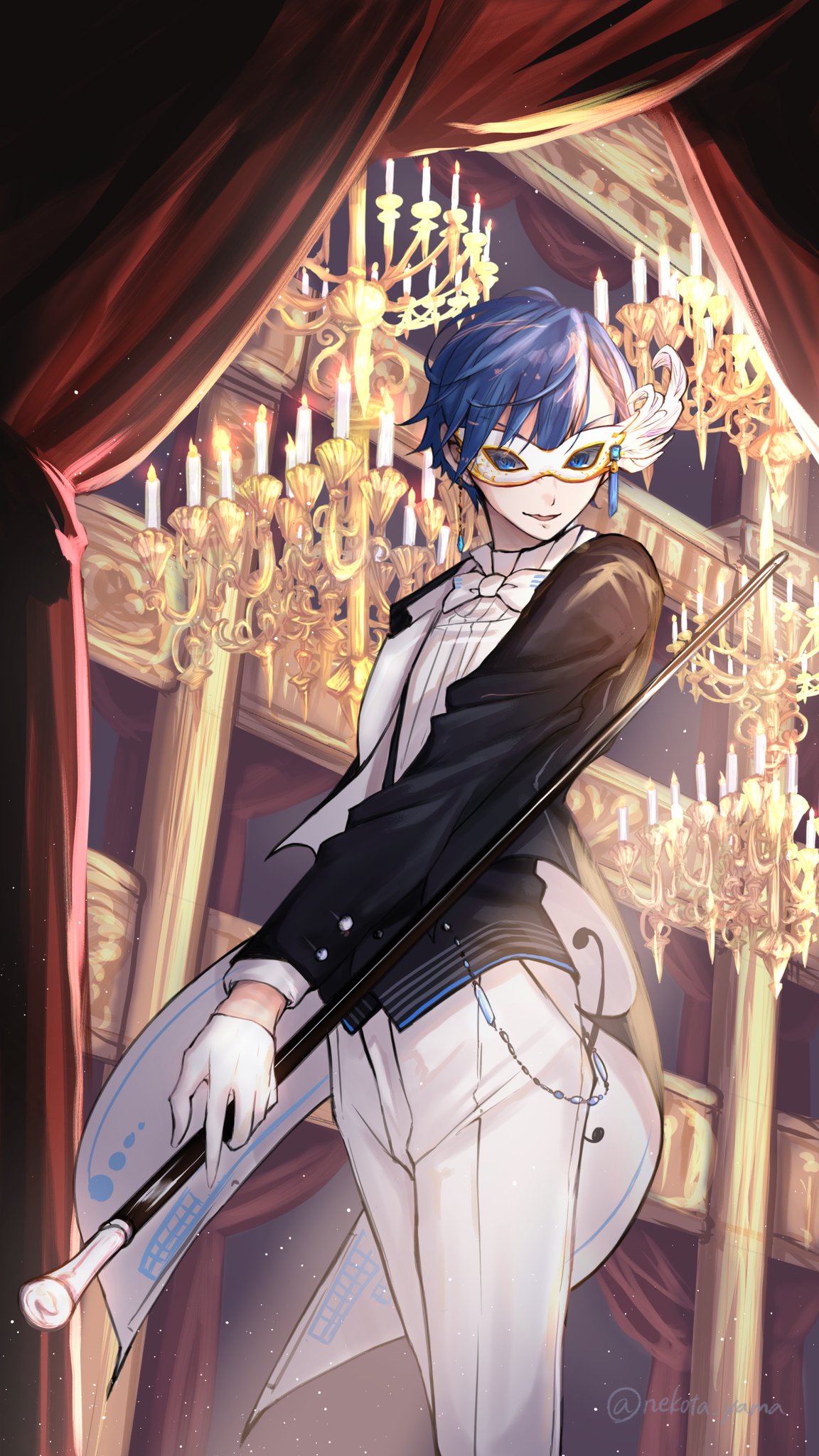 1boy bangs blue_eyes blue_hair bow bowtie candle candlestand cane carnival_mask chandelier curtains domino_mask eye_mask feathers formal gloves highres holding holding_cane indoors kaito_(vocaloid) long_sleeves male_focus mask miku_symphony_(vocaloid) nekota_yama official_alternate_costume pants parted_lips red_curtains shirt solo standing suit tailcoat two-sided_fabric two-sided_tailcoat vocaloid waistcoat white_bow white_bowtie white_gloves white_mask white_pants white_shirt