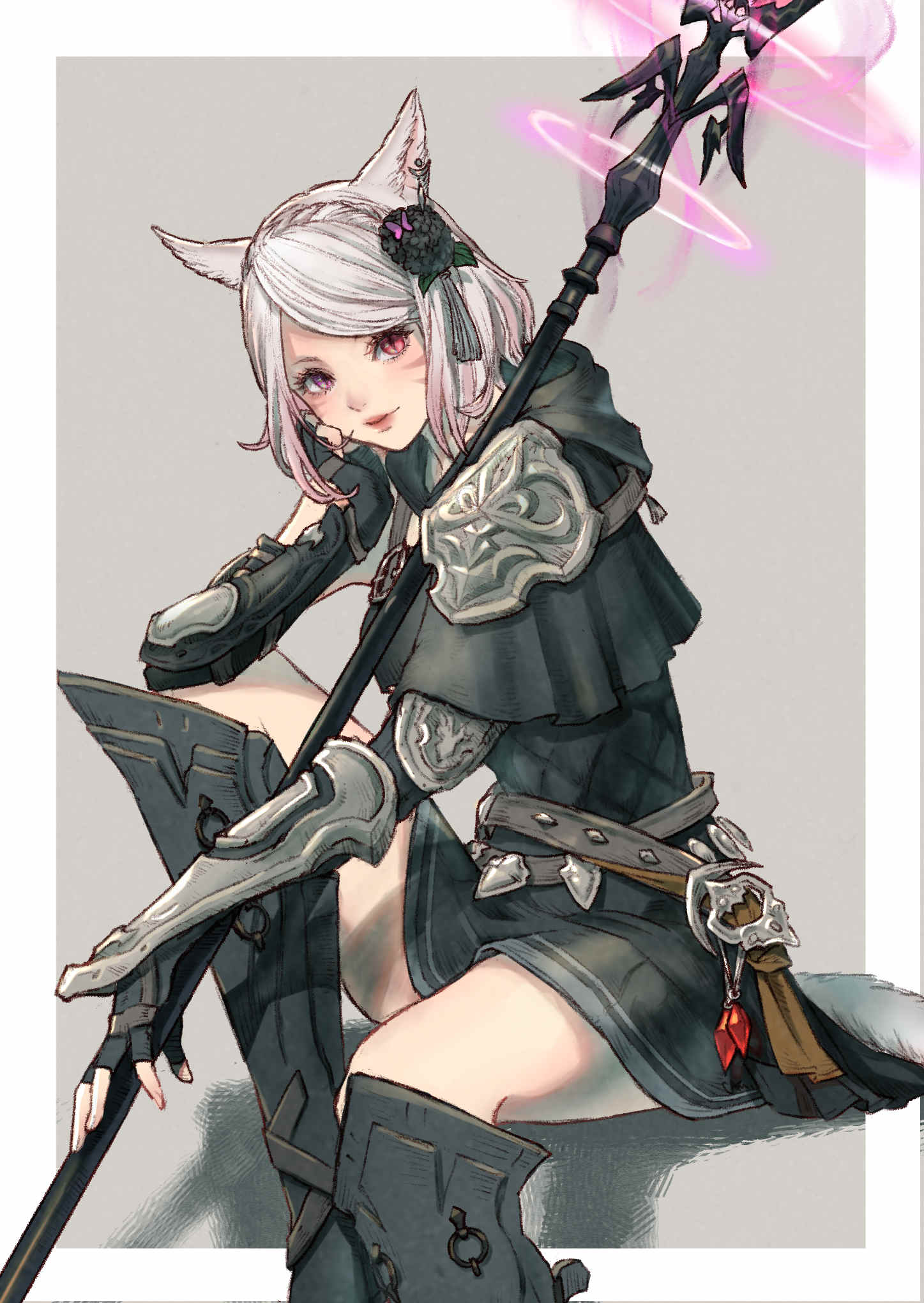 1girl animal_ears armor avatar_(ff14) bangs belt black_capelet black_gloves border braid brown_background cam_(cammero95713700) capelet cat_ears commentary crown_braid earrings elbow_rest facial_mark feet_out_of_frame final_fantasy final_fantasy_xiv fingerless_gloves flower from_side gem gloves glowing glowing_weapon gradient_hair greaves hair_flower hair_ornament head_on_hand head_rest heterochromia highres holding holding_staff hood hood_down hooded_capelet jewelry knee_up looking_at_viewer miqo'te multicolored_hair outside_border pauldrons pink_hair red_eyes red_gemstone scale_armor shadow short_hair shoulder_armor simple_background single_braid single_earring sitting slit_pupils smile solo staff swept_bangs tassel tassel_hair_ornament two-tone_hair vambraces violet_eyes weapon white_border white_hair