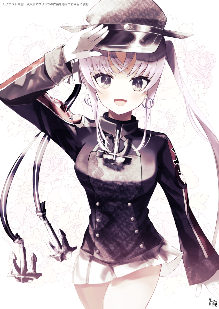 1girl akitsushima_(kancolle) anchor anchor_hair_ornament breasts camouflage cosplay fantasydolce grey_eyes hair_ornament hat highres kantai_collection light_purple_hair long_hair long_sleeves medium_breasts microskirt military_hat peaked_cap pleated_skirt prinz_eugen_(kancolle) prinz_eugen_kai_(kancolle) prinz_eugen_kai_(kancolle)_(cosplay) salute skirt solo twintails very_long_hair white_skirt