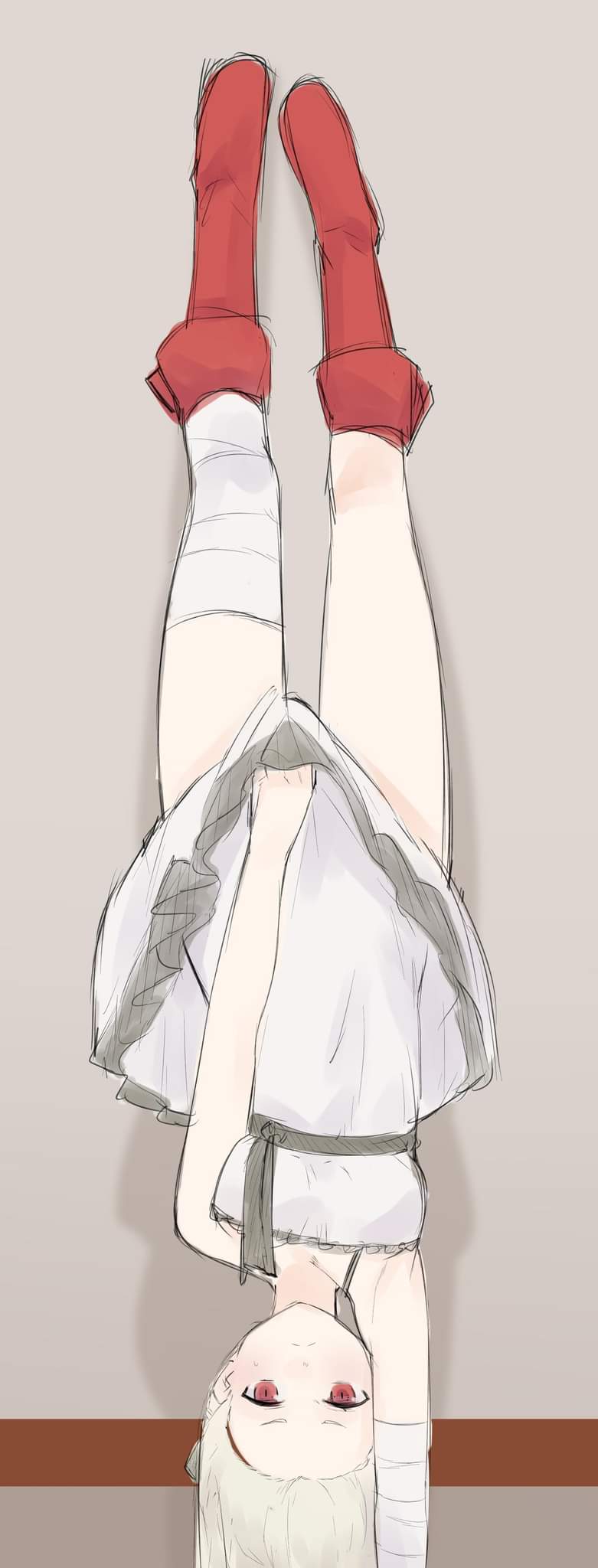 1girl blush boots dress grey_hair handstand highres lindruby_73 looking_at_viewer original red_eyes red_footwear shadow sleeveless sleeveless_dress solo white_dress