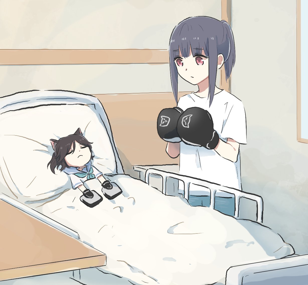 2girls bed black_hair blanket boxing_gloves brown_hair closed_eyes closed_mouth commentary focus_mitts hands_up hibike!_euphonium hospital_bed indoors kasaki_nozomi liz_to_aoi_tori looking_at_another lying lyy minigirl multiple_girls on_back pants pillow ponytail sad sailor_collar shiny shiny_hair shirt short_sleeves symbol-only_commentary white_shirt yoroizuka_mizore