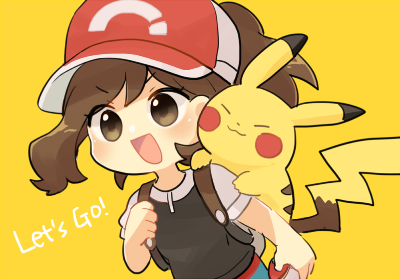 1girl :d backpack bag bangs baseball_cap blackspade brown_eyes brown_hair chibi commentary_request copyright_name elaine_(pokemon) green_shorts grey_bag happy hat high_ponytail holding holding_poke_ball long_hair on_shoulder open_mouth pikachu poke_ball poke_ball_(basic) pokemon pokemon_(creature) pokemon_(game) pokemon_lgpe pokemon_on_shoulder short_sleeves shorts smile tongue