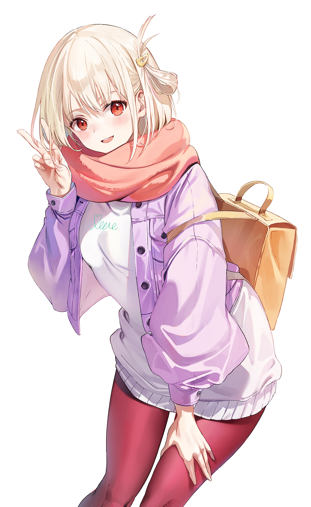 1girl backpack bag blonde_hair blush dutch_angle emyo hand_on_own_thigh hand_up highres jacket leaning_forward looking_at_viewer lycoris_recoil nishikigi_chisato one_side_up pantyhose parted_lips pink_jacket red_eyes red_pantyhose scarf short_hair simple_background smile solo sweater teeth upper_teeth v white_background white_sweater
