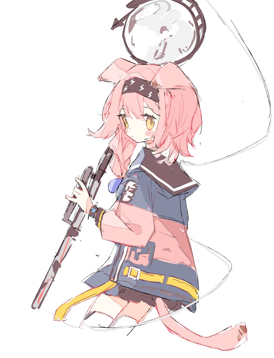1girl animal_ears arknights bangs belt belt_buckle black_hairband black_skirt blush blush_stickers bow braid buckle commentary cropped_legs dot_nose english_commentary floppy_ears from_behind goldenglow_(arknights) hair_bow hairband holding jacket long_hair looking_back melanbread miniskirt open_clothes open_jacket pink_hair pleated_skirt purple_bow simple_background single_braid sketch skirt solo tail thigh-highs white_background white_thighhighs yellow_belt yellow_eyes