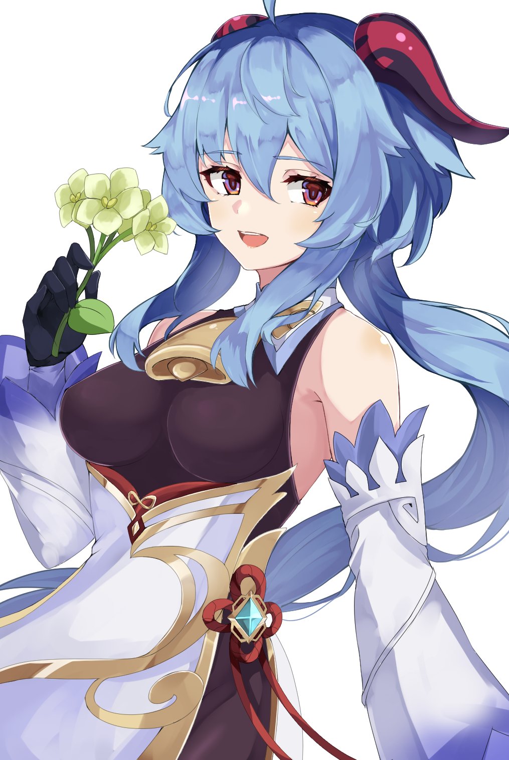1girl ahoge bangs bare_shoulders bell blue_hair breasts chinese_knot detached_sleeves ekusera flower flower_knot ganyu_(genshin_impact) genshin_impact gold_trim highres holding holding_flower horns long_hair looking_at_viewer medium_breasts neck_bell open_mouth qingxin_flower sidelocks smile solo upper_body violet_eyes vision_(genshin_impact) white_background white_flower white_sleeves