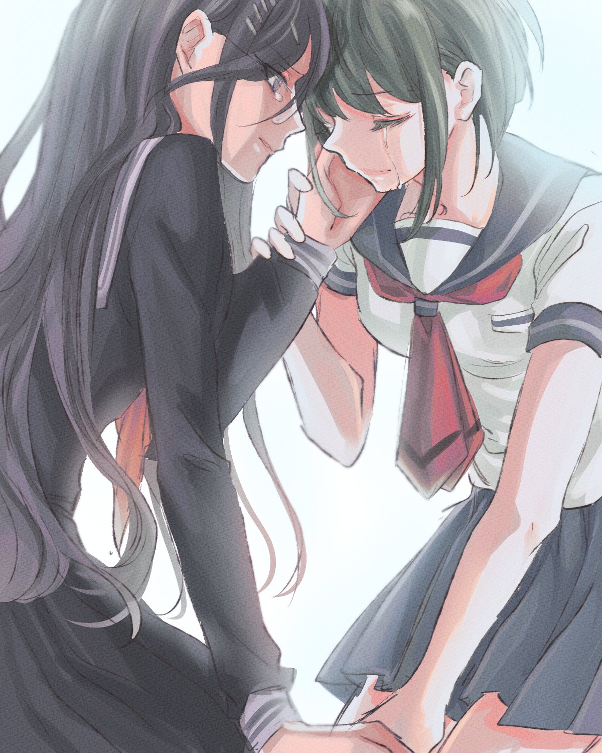 2girls bangs black_hair black_sailor_collar black_shirt black_skirt breasts brown_hair closed_eyes closed_mouth danganronpa_(series) danganronpa_another_episode:_ultra_despair_girls fukawa_touko glasses hair_ornament hairclip hand_on_another's_cheek hand_on_another's_face highres kneeling large_breasts long_hair long_sleeves looking_at_another midori_(310ri_21) multiple_girls naegi_komaru necktie pink_eyes pleated_skirt red_necktie round_eyewear sailor_collar shirt short_sleeves skirt tears white_shirt