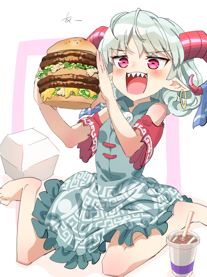 1girl :d bare_shoulders barefoot big_mac blush burger double-decker_hamburger_bun dress drink fangs food holding holding_food horizontal_pupils horns megamac open_mouth pointy_ears polpol sharp_teeth sitting smile solo teeth touhou toutetsu_yuuma wariza