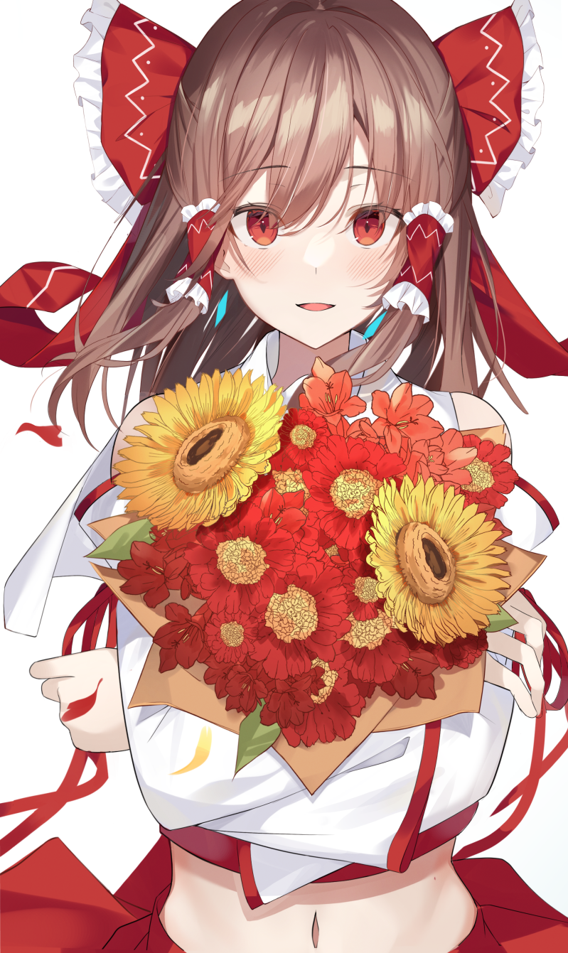 1girl blush bouquet bow brown_hair chroemaguro commentary cowboy_shot detached_sleeves flower flower_request frilled_bow frilled_hair_tubes frills hair_between_eyes hair_bow hair_tubes hakurei_reimu highres holding holding_bouquet long_hair long_sleeves looking_at_viewer midriff navel parted_lips red_bow red_eyes red_flower red_skirt red_vest shirt sidelocks skirt sleeveless sleeveless_shirt smile solo touhou vest white_shirt white_sleeves yellow_flower