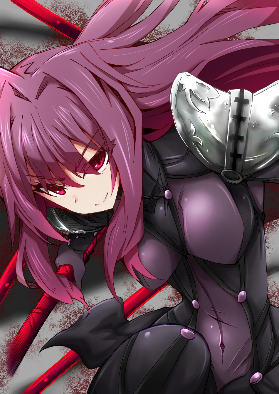 1girl bangs bodysuit breasts eyebrows_hidden_by_hair fate/grand_order fate_(series) highres holding holding_polearm holding_weapon lance long_hair looking_at_viewer nodachi_(artist) polearm purple_hair scathach_(fate) smile solo squatting upper_body violet_eyes weapon