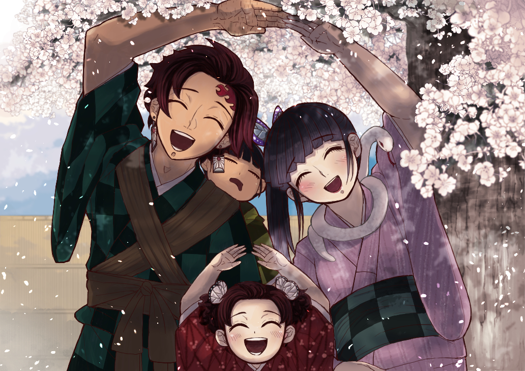 1boy 3girls arm_up arms_up brown_hair carrying checkered_clothes checkered_kimono cherry_blossoms closed_eyes commentary commentary_request earrings family green_kimono if_they_mated japanese_clothes jewelry kamado_tanjirou kimetsu_no_yaiba kimono makuralover multiple_girls open_mouth piggyback pink_kimono pose purple_hair red_kimono sash scar scar_on_face scar_on_forehead short_hair side_ponytail sleeping snake tree tsuyuri_kanao