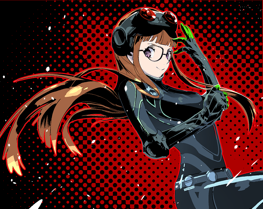 black-framed_eyewear black_background bodysuit cofffee cropped_legs from_side glasses goggles goggles_on_head long_hair looking_at_viewer multicolored_background orange_hair persona persona_5 red_background sakura_futaba smile standing