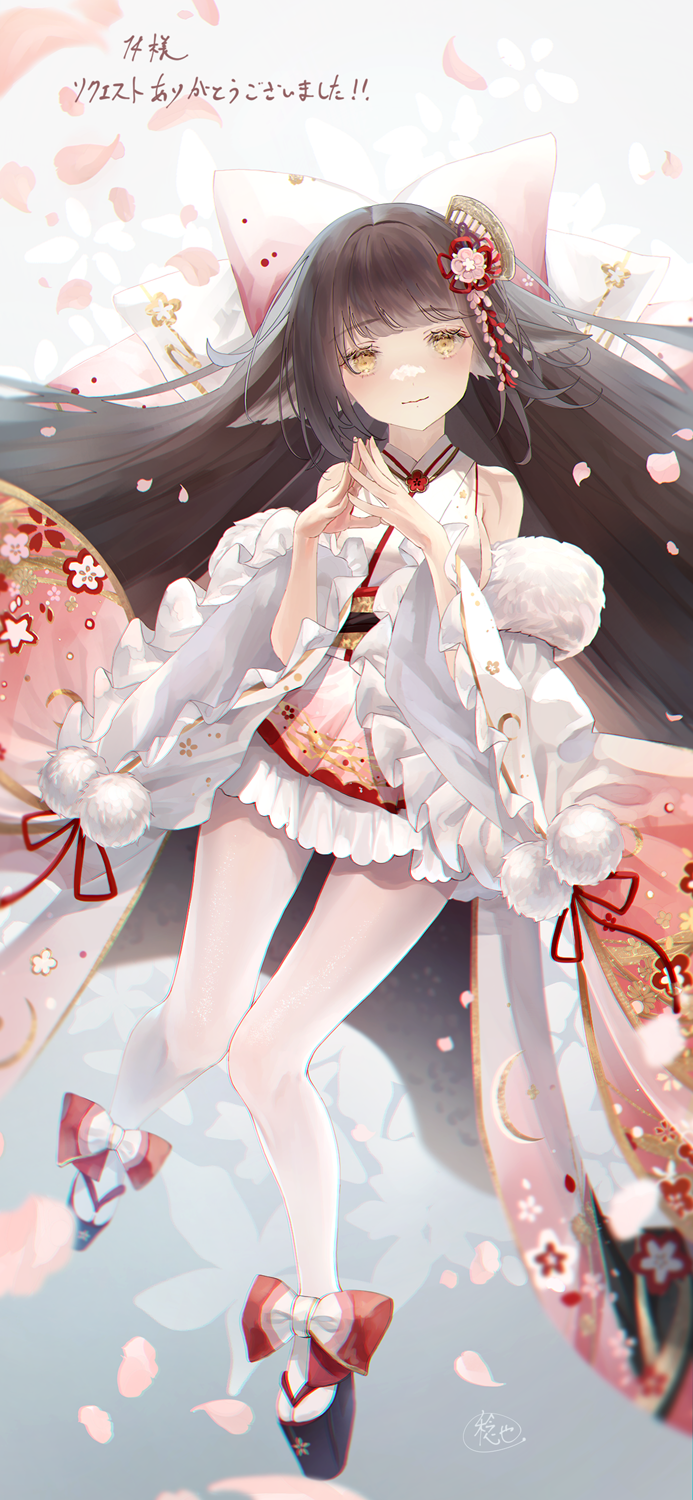 1girl animal_ears azur_lane bare_shoulders bow breasts brown_hair cherry_blossoms closed_mouth commission footwear_ribbon frilled_kimono frilled_skirt frills geta hair_bow hair_ornament harutsuki_(azur_lane) highres japanese_clothes kanzashi kimono kimono_skirt knees_together_feet_apart light_smile long_sleeves looking_at_viewer medium_breasts metro_stars85 pantyhose pink_bow pom_pom_(clothes) red_ribbon ribbon second-party_source sideboob skirt smile solo steepled_fingers tabi thigh_gap white_kimono white_pantyhose wide_sleeves yellow_eyes