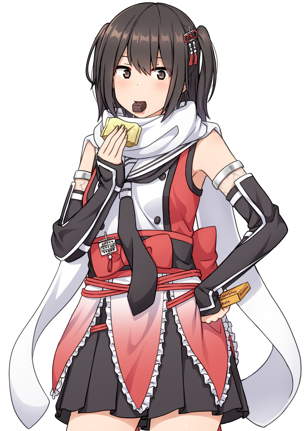 1girl black_gloves black_neckerchief black_skirt brown_eyes brown_hair buttons cowboy_shot double-breasted elbow_gloves fingerless_gloves food food_in_mouth gloves highres holding holding_food kantai_collection miniskirt mouth_hold nakamura_sumikage neckerchief pleated_skirt scarf school_uniform sendai_(kancolle) sendai_kai_ni_(kancolle) serafuku skirt solo standing two_side_up white_scarf
