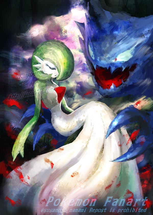 1girl alternate_breast_size artist_name bangs blue_eyes bob_cut breasts carrying closed_eyes closed_mouth colored_skin commentary_request english_text fangs gardevoir ghost green_hair green_skin hair_over_one_eye haunter heterochromia looking_at_another multicolored_skin nanami_lusia one_eye_covered open_mouth partial_commentary petals pokemon pokemon_(creature) princess_carry red_eyes short_hair skin_fangs sleeping small_breasts twitter_username two-tone_skin u_u watermark web_address white_skin