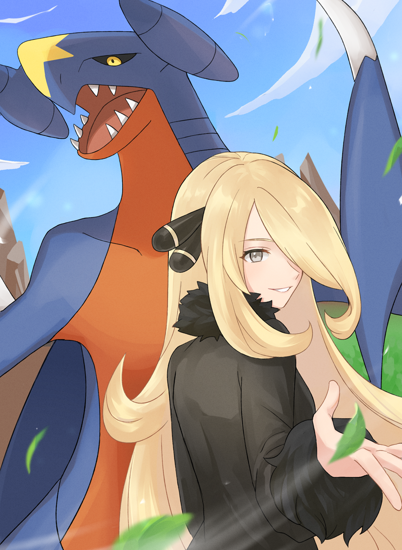 1girl black_collar blackspade blonde_hair clouds coat collar commentary_request cynthia_(pokemon) day falling_leaves fur-trimmed_coat fur_collar fur_trim garchomp grass hair_ornament hair_over_one_eye hand_up leaf long_hair long_sleeves outdoors pokemon pokemon_(creature) pokemon_(game) pokemon_dppt sidelocks sky smile