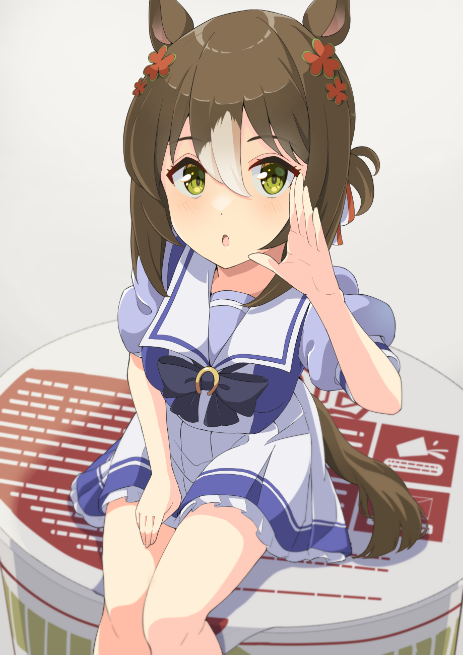 1girl blush breasts brown_hair commentary_request cup_noodle fine_motion_(umamusume) folded_ponytail green_eyes hair_ornament highres horse_girl instant_ramen looking_at_viewer school_uniform shiromaru_illust simple_background sitting small_breasts solo tracen_school_uniform umamusume white_background