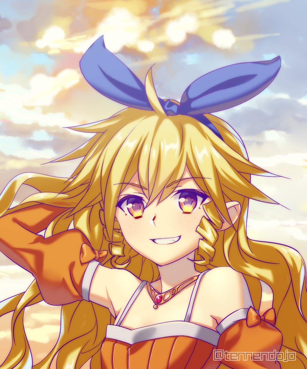 1girl amano_shikaru blonde_hair clouds detached_sleeves drill_hair freckles hair_ribbon hairband highres jane_maxwell jewelry long_hair looking_at_viewer orange_sleeves ribbon sidelocks smile solo wild_arms wild_arms_1