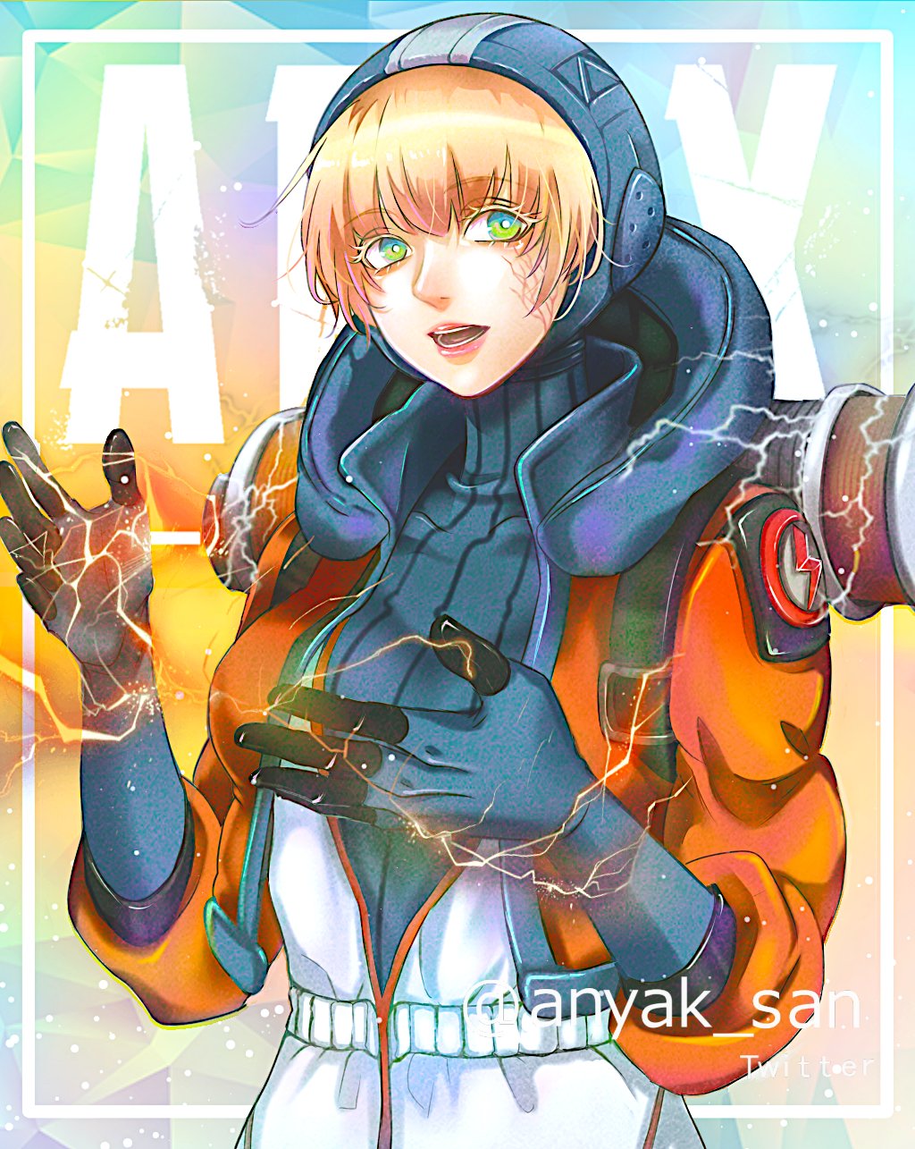 1girl alternate_eye_color animification anyataso apex_legends bangs blue_bodysuit blue_headwear bodysuit breasts electricity green_eyes highres hood hooded_jacket jacket lightning_bolt_symbol looking_to_the_side medium_breasts open_hands open_mouth orange_jacket ribbed_bodysuit solo twitter_username upper_body wattson_(apex_legends) white_bodysuit