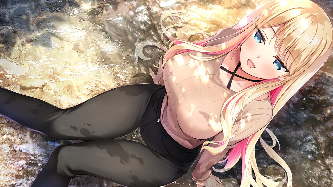 1girl :d amaemi-longing_for_you- bangs black_pants blonde_hair blue_eyes blush breasts collarbone criss-cross_halter dappled_sunlight from_above game_cg grey_sweater halterneck kusunoki_iroha large_breasts long_hair long_sleeves multicolored_hair open_mouth oryo_(oryo04) outdoors pants pink_hair ribbed_sweater sitting smile solo sunlight sweater thigh_gap two-tone_hair very_long_hair water
