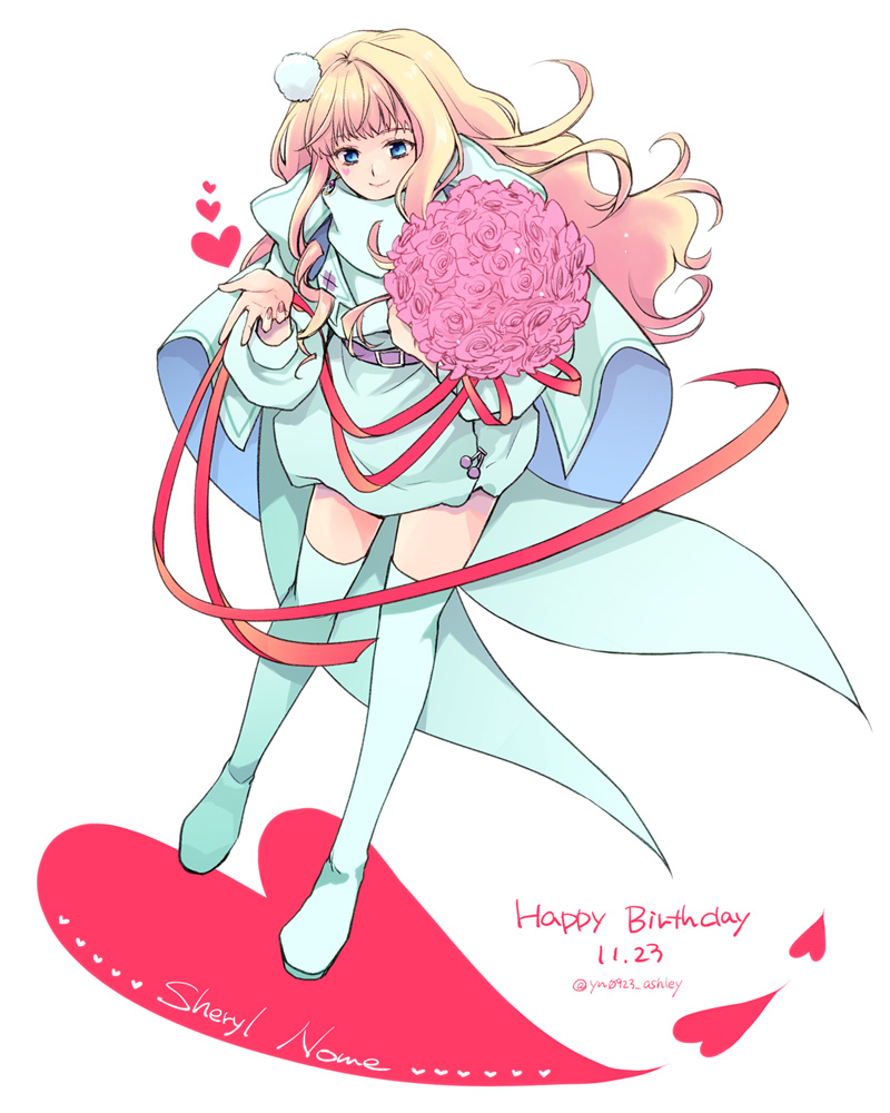 1girl aqua_cape aqua_dress aqua_footwear bangs belt blonde_hair blue_eyes blunt_bangs boots bouquet cape character_name dated dress flower full_body hair_ornament happy_birthday heart holding holding_bouquet long_hair long_sleeves macross pink_flower pink_rose pom_pom_(clothes) pom_pom_hair_ornament puffy_long_sleeves puffy_sleeves rose sheryl_nome short_dress sidelocks smile solo takafuji_yuna thigh_boots twitter_username wavy_hair white_background