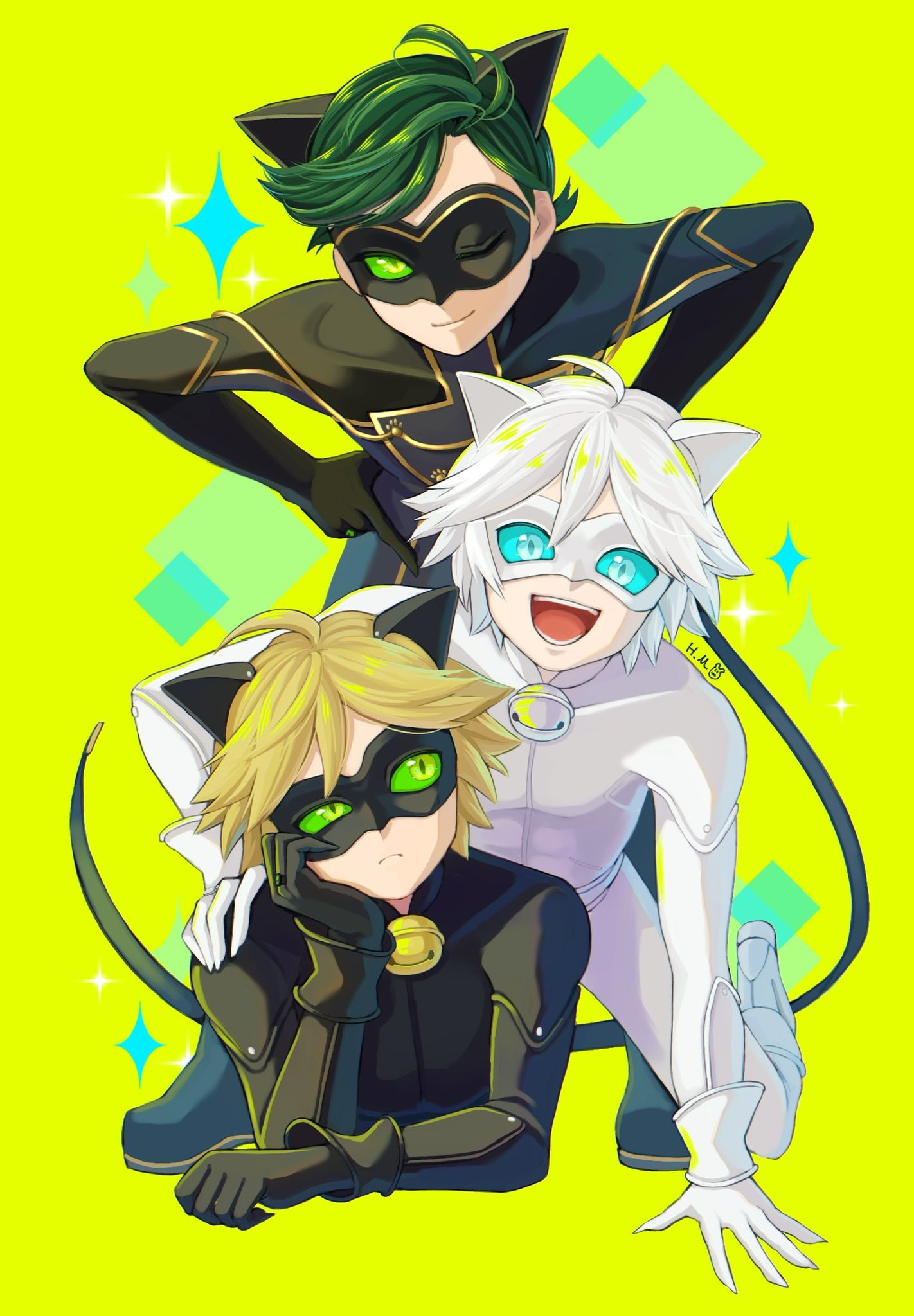 3boys :d adrien_agreste animal_ears arm_support bell belt bent_over black_bodysuit black_gloves blonde_hair blue_eyes blue_sclera bodysuit cat_boy cat_ears catsuit chat_noir colored_sclera commentary_request domino_mask elbow_rest fake_animal_ears fake_tail gloves green_eyes green_hair green_sclera hand_on_another's_shoulder hand_on_own_cheek hand_on_own_face hands_on_hips highres hm89509321 kneeling leather_suit long_sleeves looking_at_another looking_at_viewer lying male_focus mask miraculous_ladybug multiple_boys multiple_persona one_eye_closed rhombus signature skin_tight smile sparkle superhero tail unamused watermark white_bodysuit white_gloves white_hair yellow_background