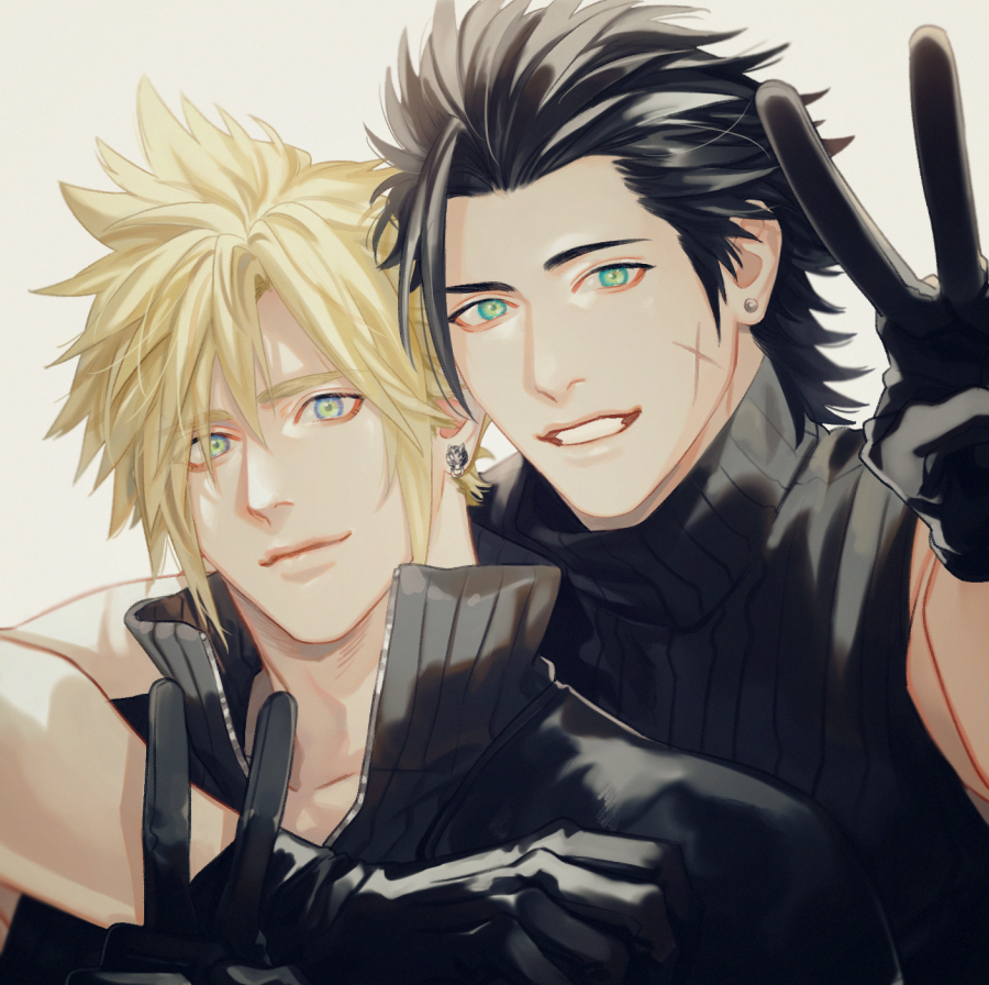 2boys aqua_eyes arm_around_neck armor bare_shoulders black_gloves black_hair black_shirt blonde_hair boooshow cloud_strife earrings final_fantasy final_fantasy_vii final_fantasy_vii_advent_children gloves grin hair_between_eyes hair_slicked_back high_collar jewelry looking_at_viewer male_focus multiple_boys open_collar scar scar_on_cheek scar_on_face shirt short_hair shoulder_armor sideburns single_earring single_sleeve sleeveless sleeveless_shirt sleeveless_turtleneck smile spiky_hair teeth turtleneck upper_body v white_background zack_fair